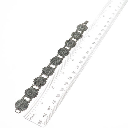 925 Sterling Silver Antique Marcasite Flower Link Bracelet 7" (missing 4 stones)