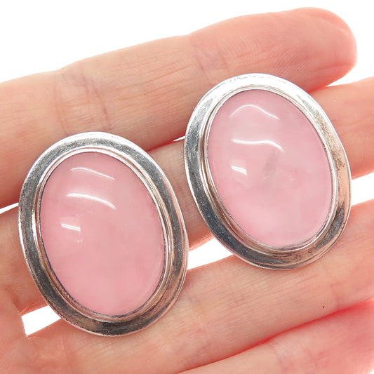 925 Sterling Vintage AIS Mexico Real Rose Quartz Modernist Clip On Earrings
