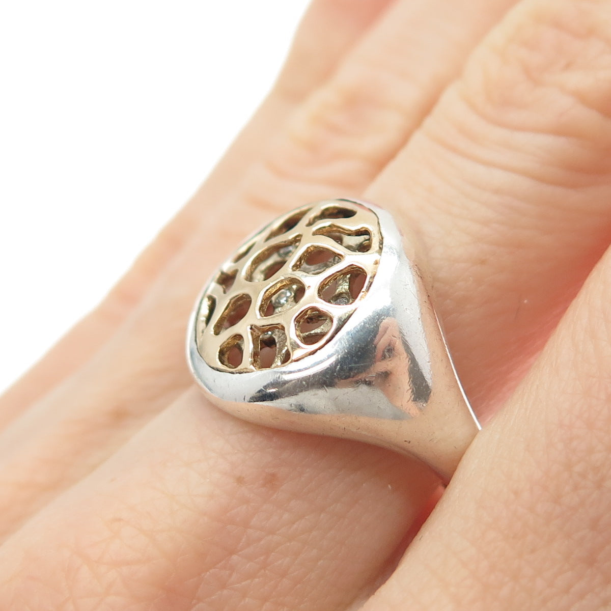 925 Sterling Silver 14K Rose Gold Vintage Real Diamond Modernist Ring Size 7.75