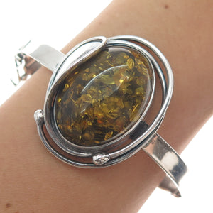 925 Sterling Silver Vintage LL Poland Real Amber Modernist Bangle Bracelet 6.5"