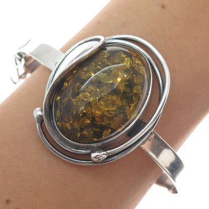 925 Sterling Silver Vintage LL Poland Real Amber Modernist Bangle Bracelet 6.5"