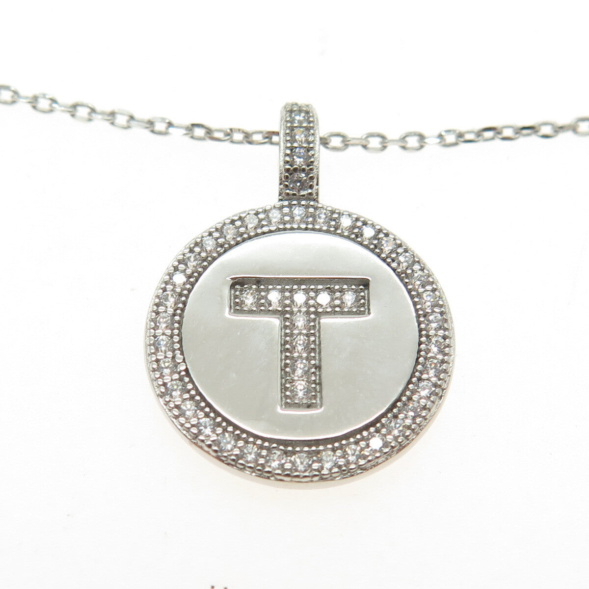 925 Sterling Silver Round-Cut C Z Letter "T" Initial Cable Chain Necklace 16-18"