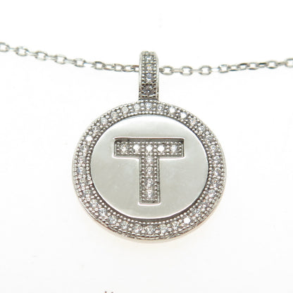 925 Sterling Silver Round-Cut C Z Letter "T" Initial Cable Chain Necklace 16-18"