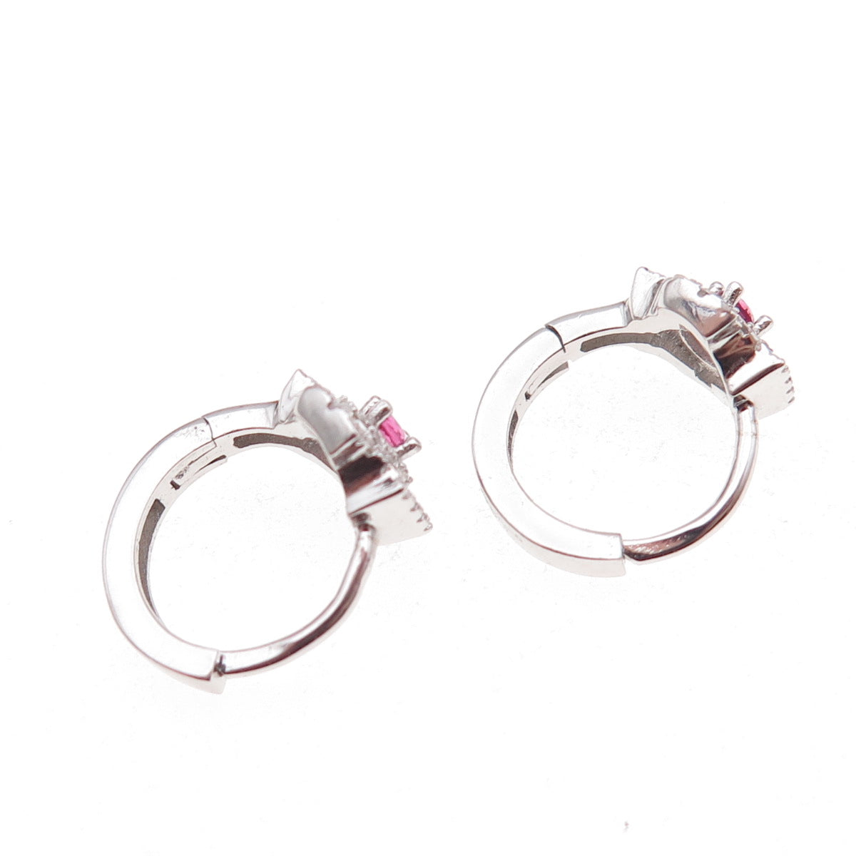 925 Sterling Silver Pink & White C Z Cross Hoop Earrings