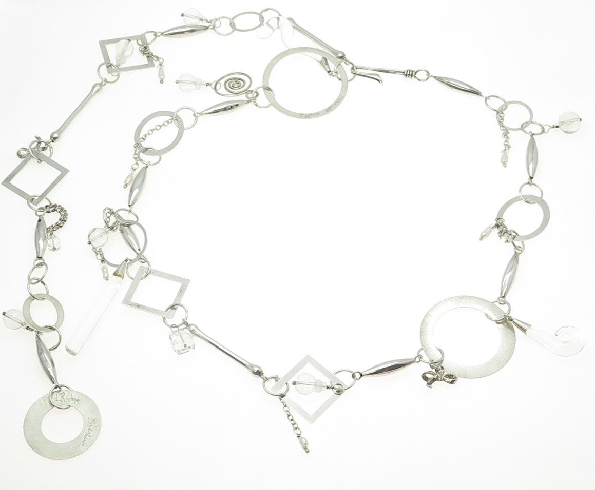 D.L. RIDGE 925 Sterling Silver Vintage Clear Glass Modernist Chain Necklace 40"