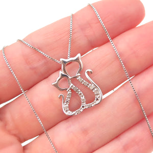 Charles Winston 925 Sterling Silver Real Diamond Mom & Child Cat Necklace 18"