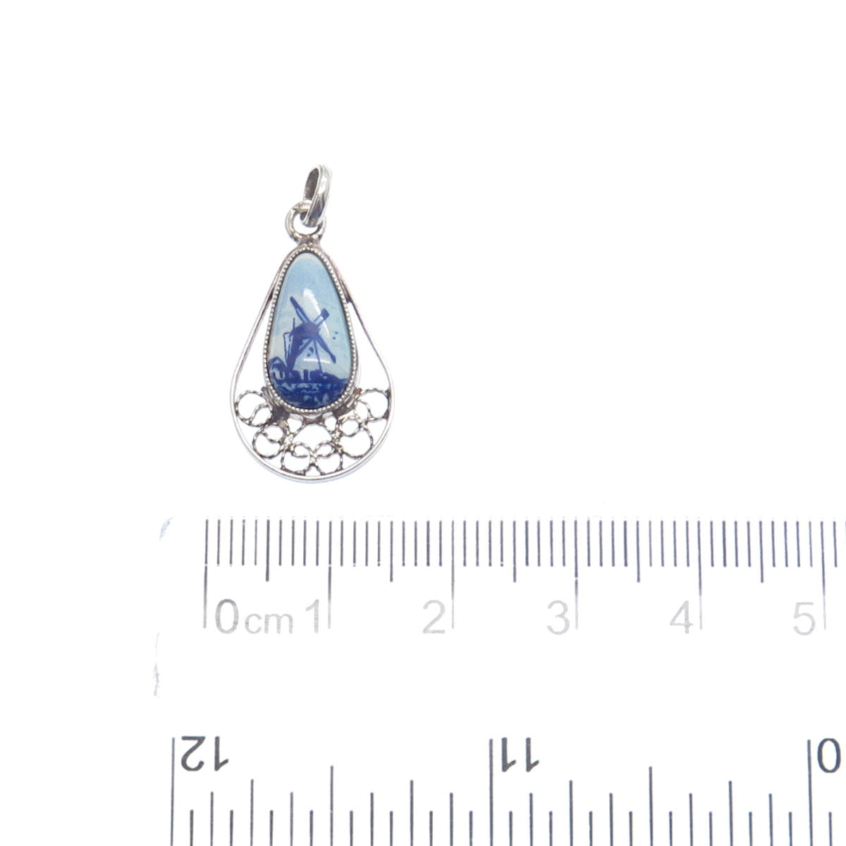 925 Sterling Silver Vintage Ceramic Old Windmill Filigree Teardrop Pendant