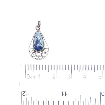 925 Sterling Silver Vintage Ceramic Old Windmill Filigree Teardrop Pendant