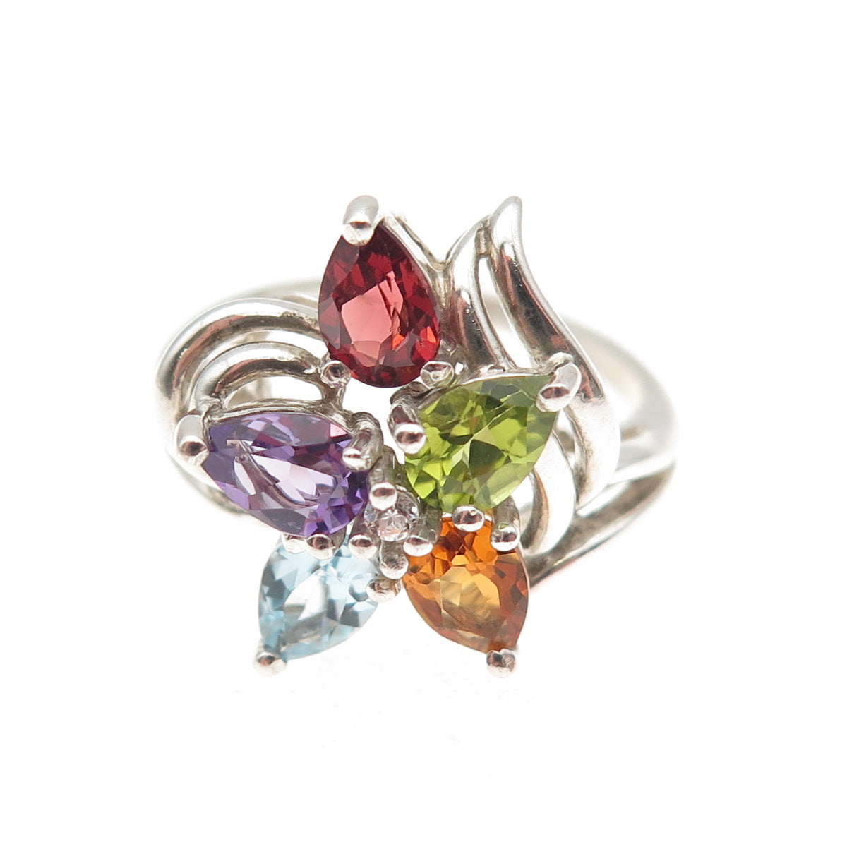 925 Sterling Vintage Real Topaz Garnet Citrine Peridot & Amethyst Ring Size 7.25