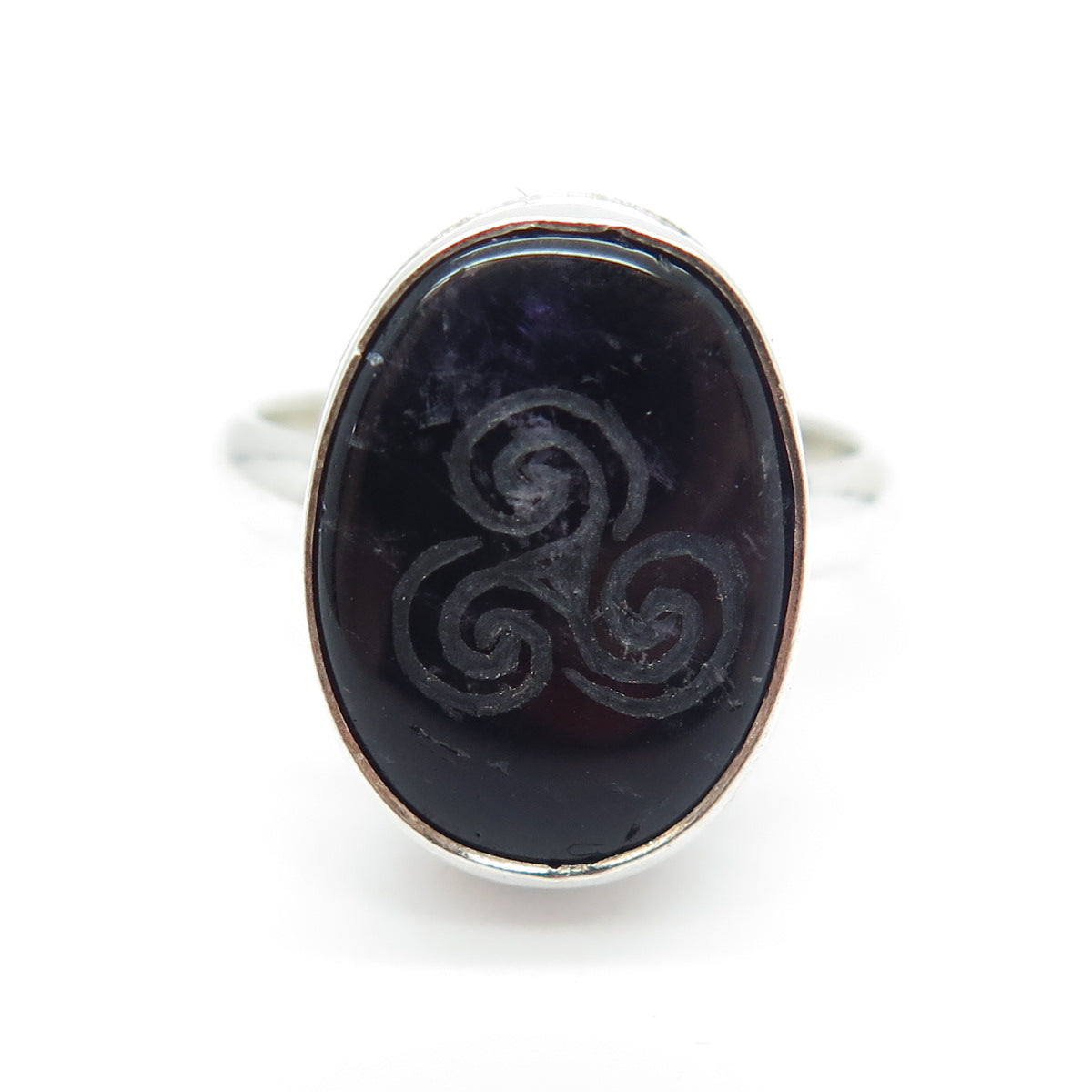 R. STRANGE 925 Sterling Silver Vintage Amethyst Gem Triskelion Ring Size 7.5