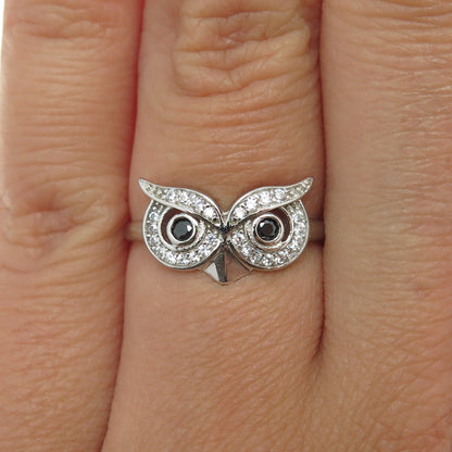 925 Sterling Silver Round-Cut Black & White C Z Owl Bird Ring Size 6