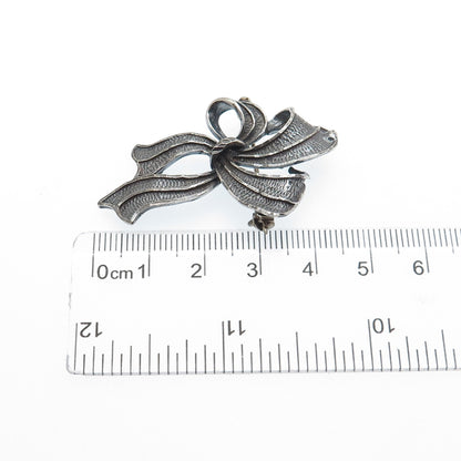 925 Sterling Silver Vintage Mexico Ribbon Bow Oxidized Pin Brooch