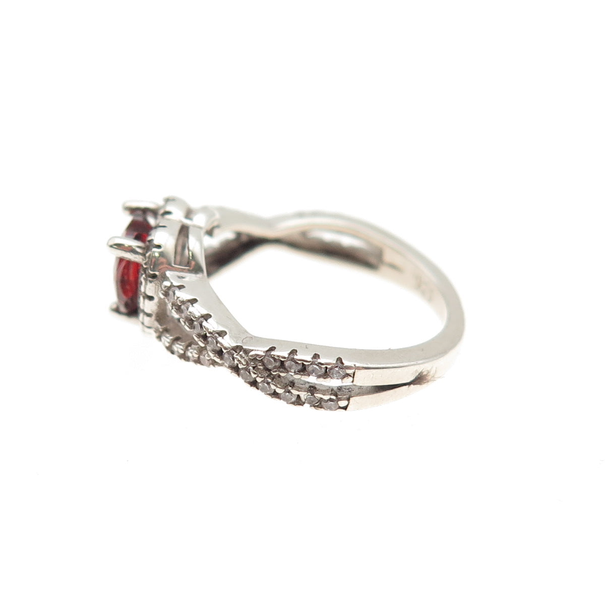 925 Sterling Silver Real Heart-Cut Red Garnet & Round-Cut C Z Ring Size 3.75