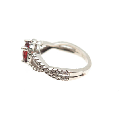 925 Sterling Silver Real Heart-Cut Red Garnet & Round-Cut C Z Ring Size 3.75