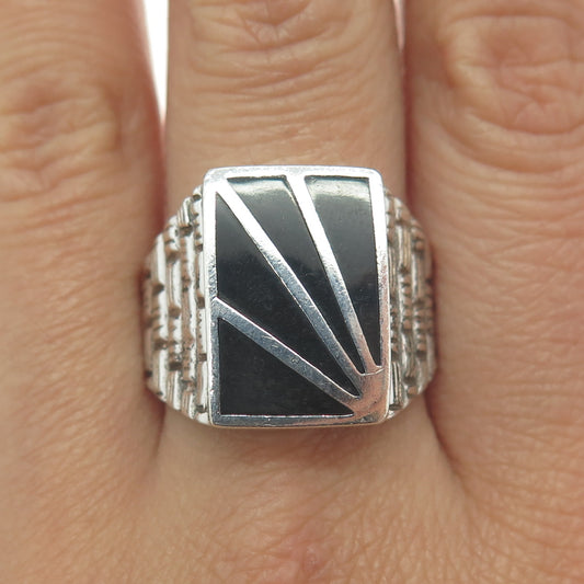 MORNING SUN 925 Sterling Silver Vintage Real Black Onyx Sunrise Ring Size 11.75