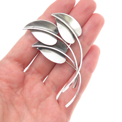 Beau 925 Sterling Silver Vintage Modernist Floral Leaf Oxidized Pin Brooch