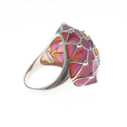 925 Sterling Silver Enamel Topaz Garnet Amethyst Peridot Citrine Ring Size 7.25