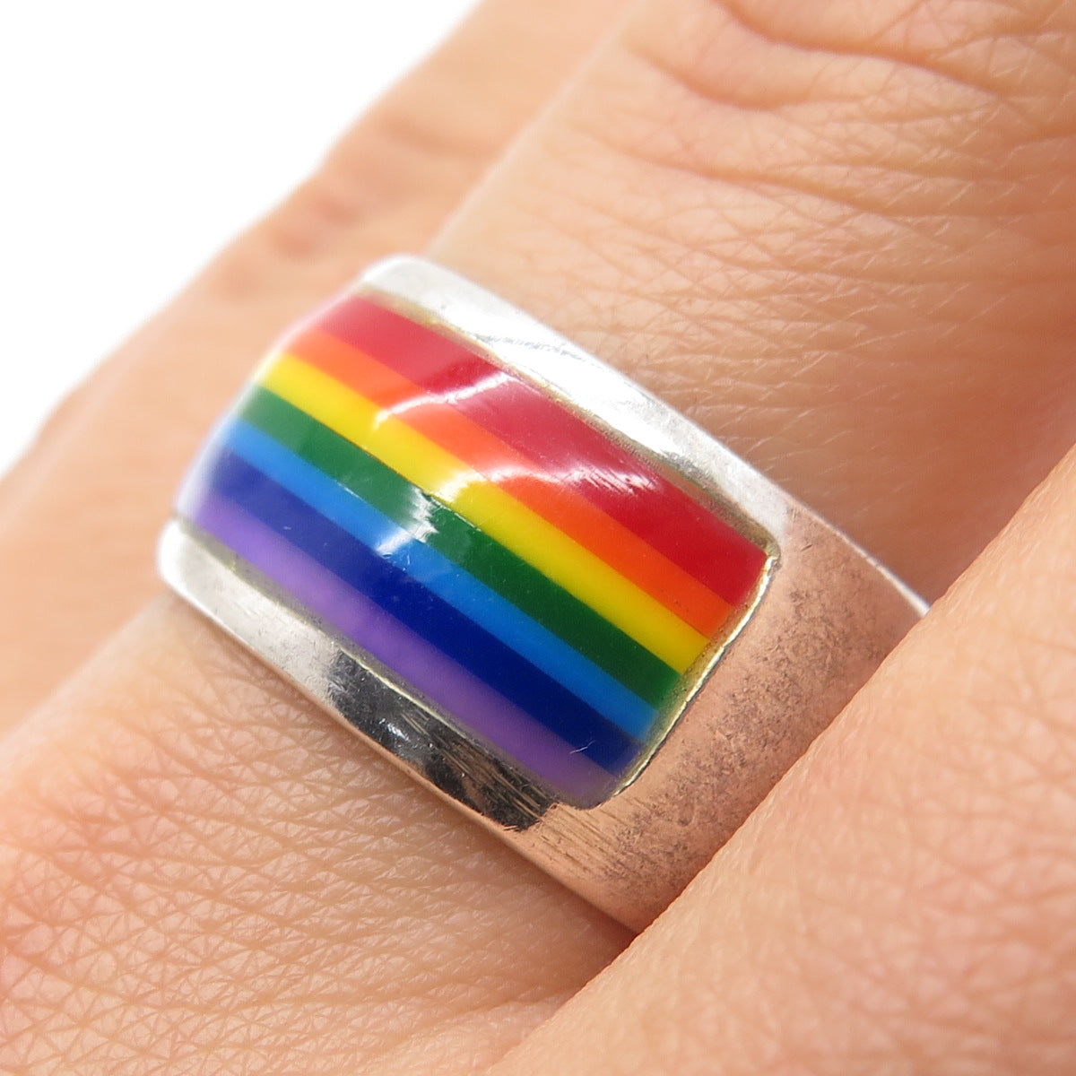 925 Sterling Silver Vintage Enamel Rainbow Band Ring Size 10