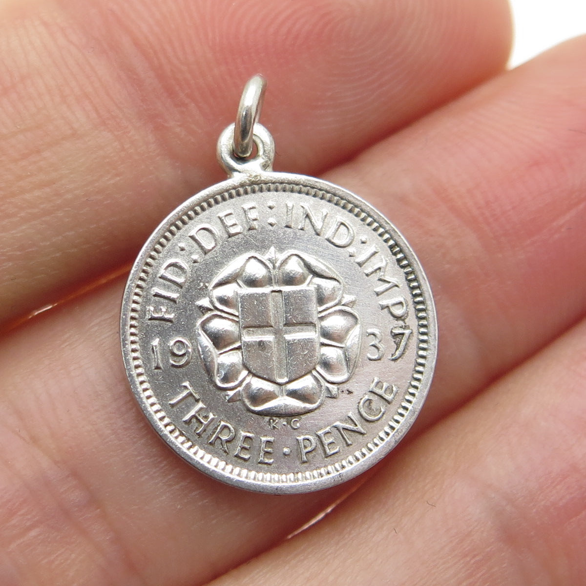 925 Sterling Silver Antique 1937 King George VI Three Pence Coin Charm Pendant