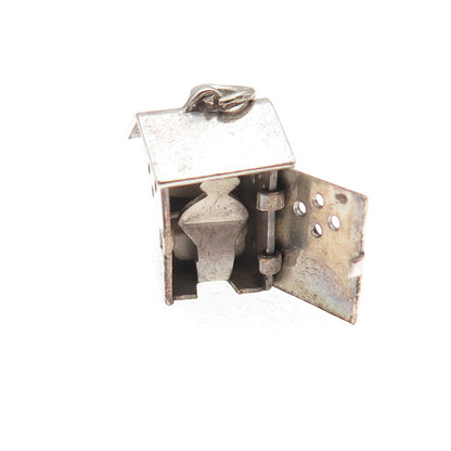 Wells 925 Sterling Silver Antique Art Deco Outhouse 3D Mini Open Charm Pendant