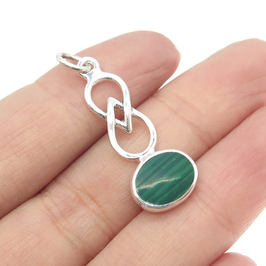 925 Sterling Silver Vintage Real Malachite Modernist Infinity Pendant