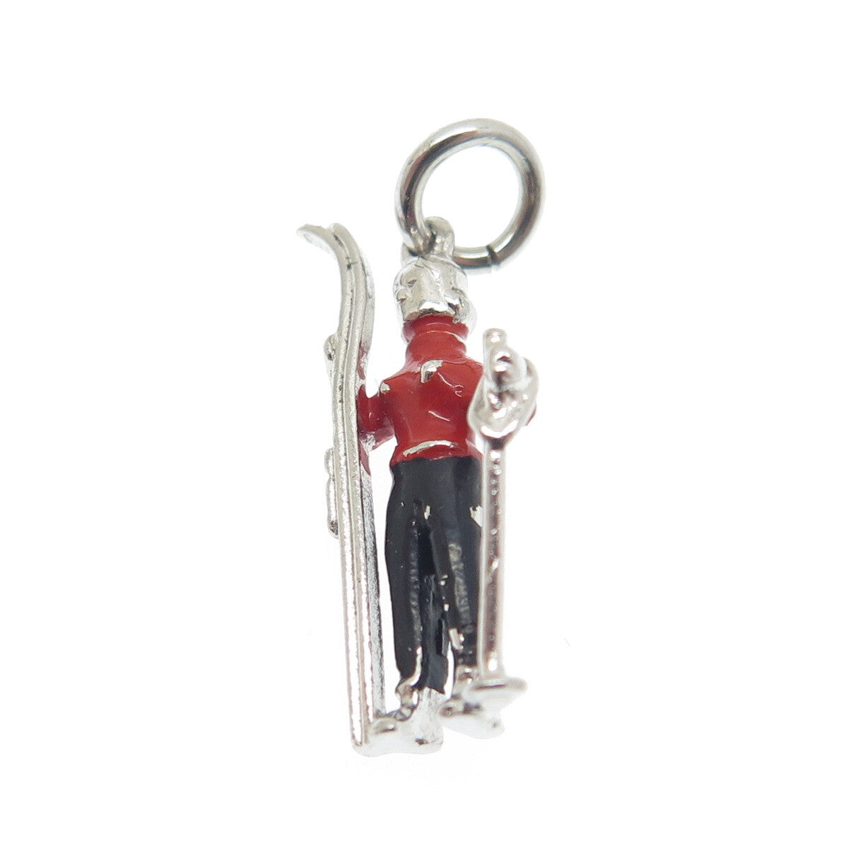 925 Sterling Silver Antique Art Deco Enamel Skier Minimalist 3D Charm Pendant