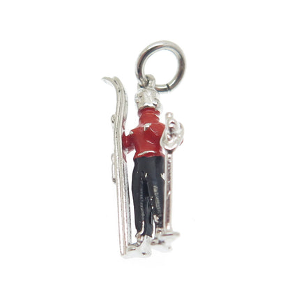 925 Sterling Silver Antique Art Deco Enamel Skier Minimalist 3D Charm Pendant