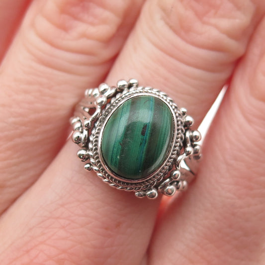925 Sterling Silver Vintage Real Malachite Floral Beaded Ring Size 8.25