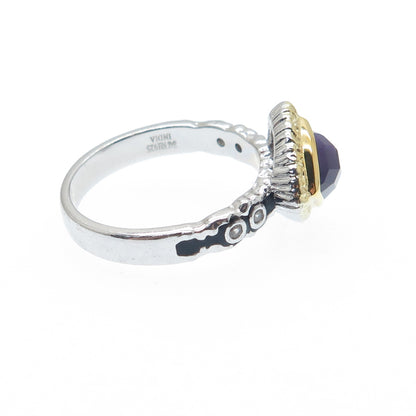 925 Sterling Silver 2-Tone Real Amethyst & White Topaz Triangle Ring Size 6.25