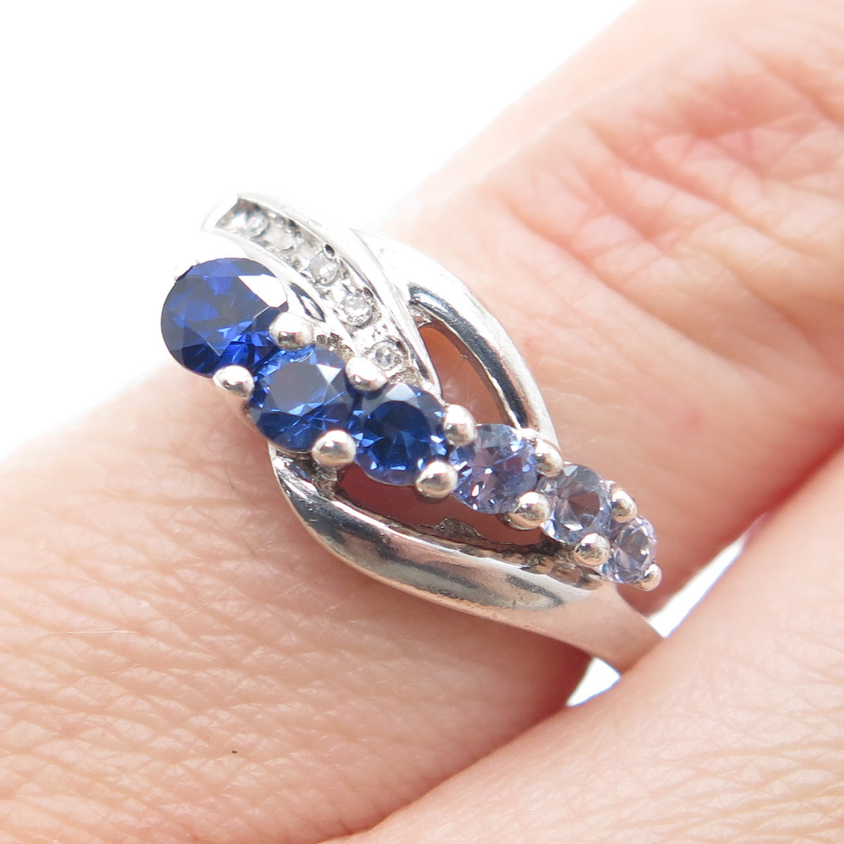 FD Felicia Design 925 Sterling Silver Real Diamond & Sapphire Ring Size 5.75