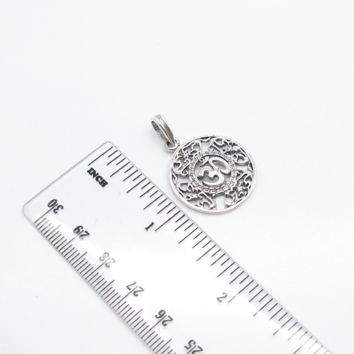 925 Sterling Silver Vintage Om Mantra Ornate Round Pendant