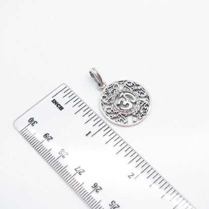 925 Sterling Silver Vintage Om Mantra Ornate Round Pendant