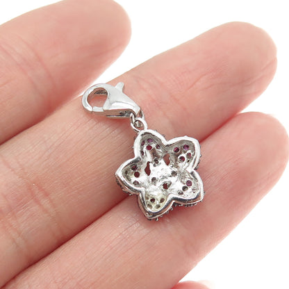 925 Sterling Silver Real White Topaz & Ruby Floral Lobster Lock Charm Pendant