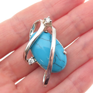 925 Sterling Silver Vintage Real Turquoise & C Z Modernist Slide Pendant