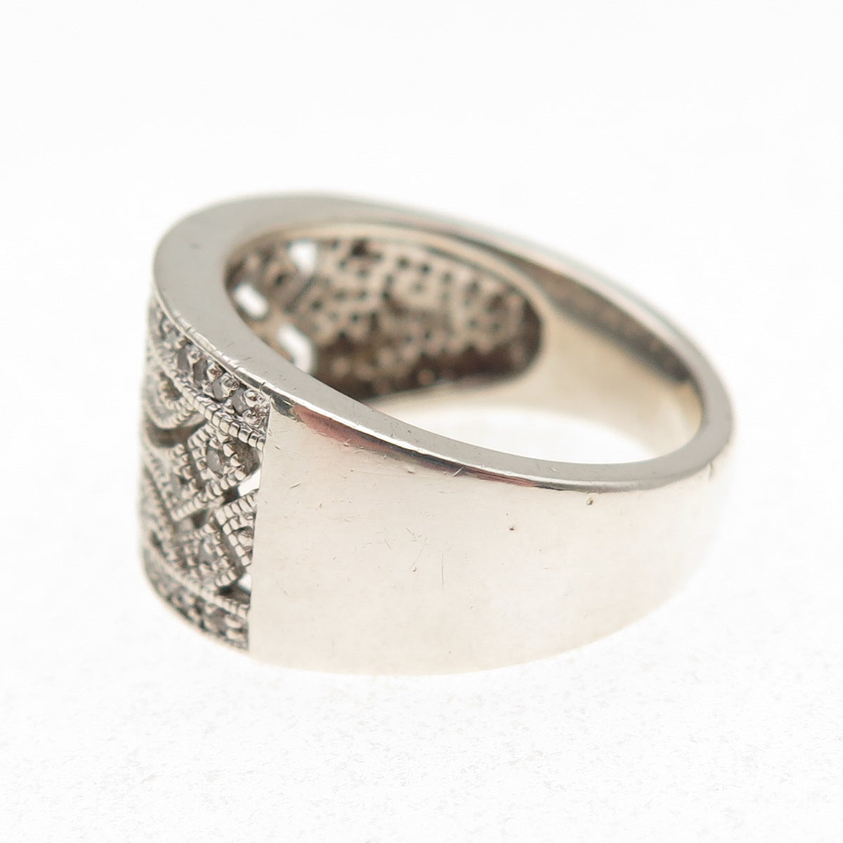 925 Sterling Silver Real Round-Cut Diamond Ornate Ring Size 8