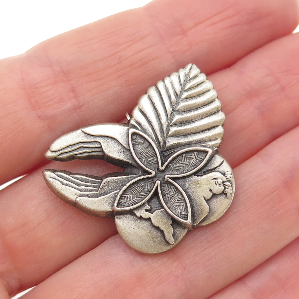 925 Sterling Silver Vintage World Peace Hands Butterfly Pin Brooch / Pendant
