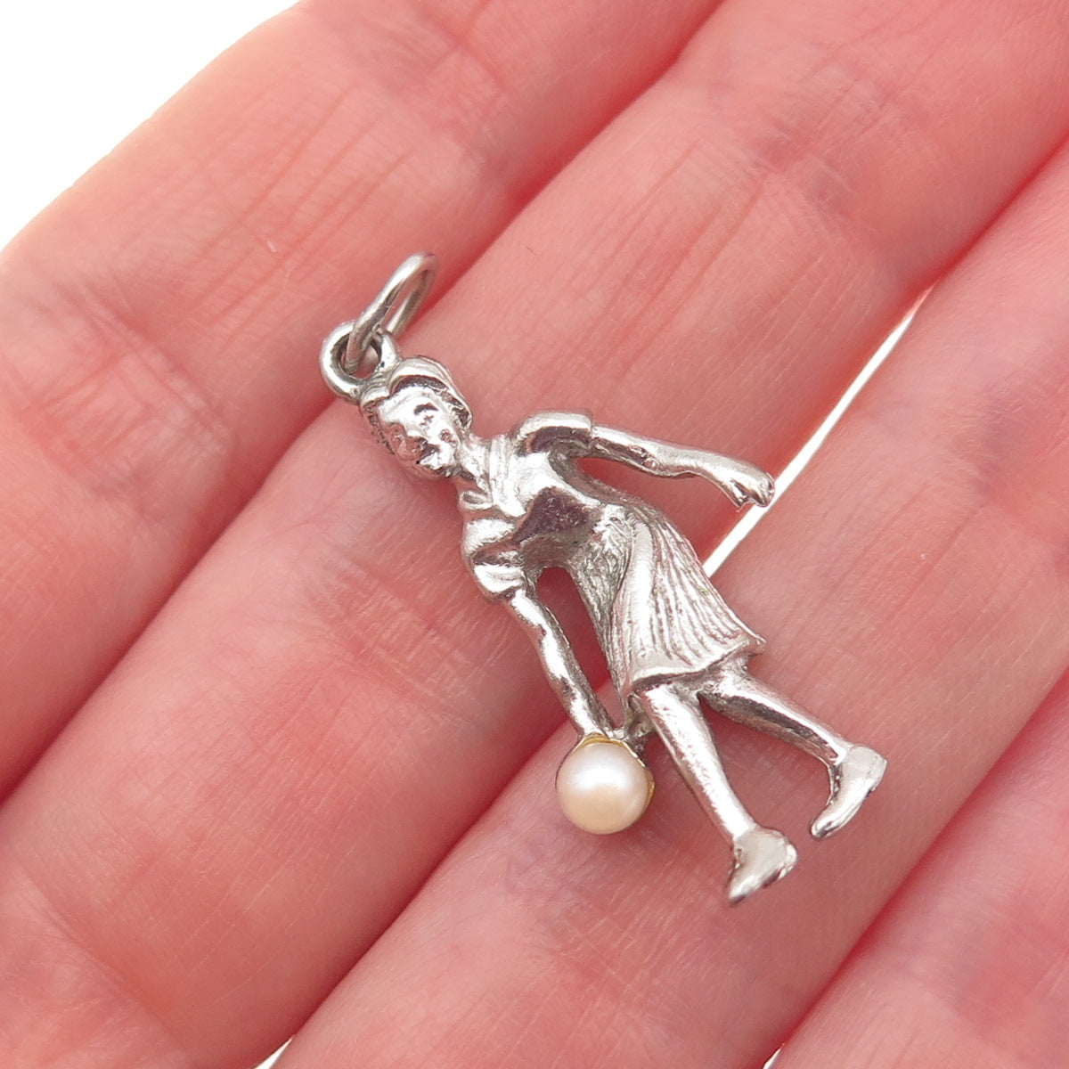 925 Sterling Silver Vintage Real Pearl Female Bowler Oxidized Charm Pendant