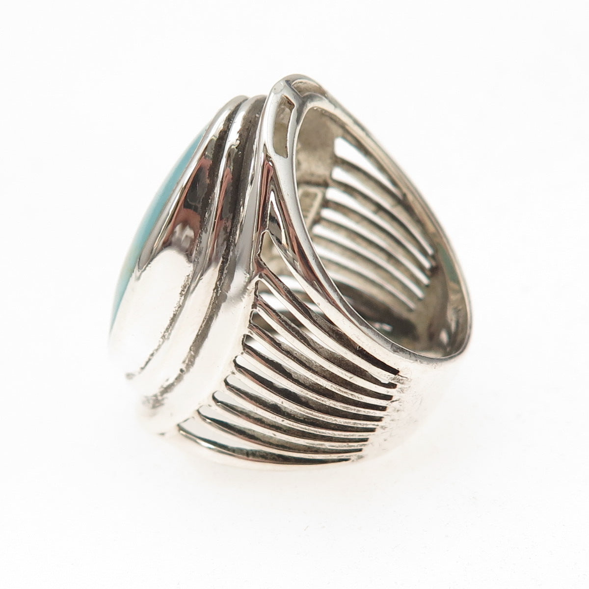 Ken Crafts 925 Sterling Silver Vintage Real Turquoise Oxidized Ring Size 6.75