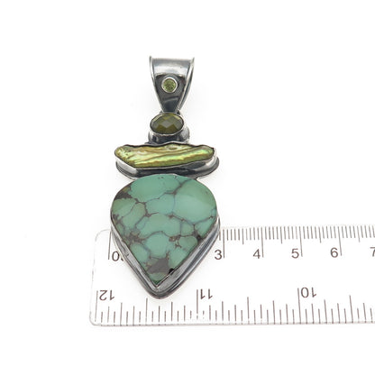 925 Sterling Silver Vintage Real Turquoise Pearl Tourmaline & Peridot Pendant