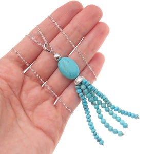 925 Sterling Silver Real Tyrone Turquoise Tassel Cable Chain Necklace 18"