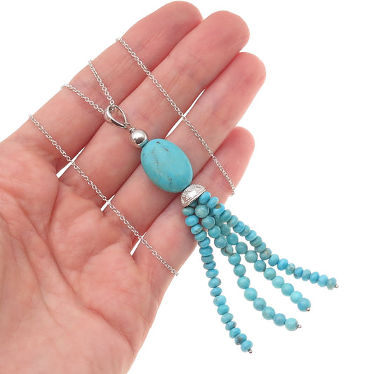 925 Sterling Silver Real Tyrone Turquoise Tassel Cable Chain Necklace 18"