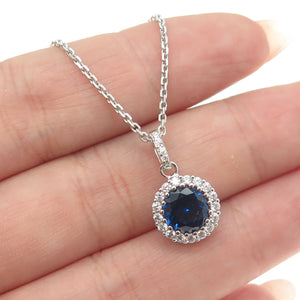 925 Sterling Silver Italy White & Blue C Z Cable Chain Necklace 16"