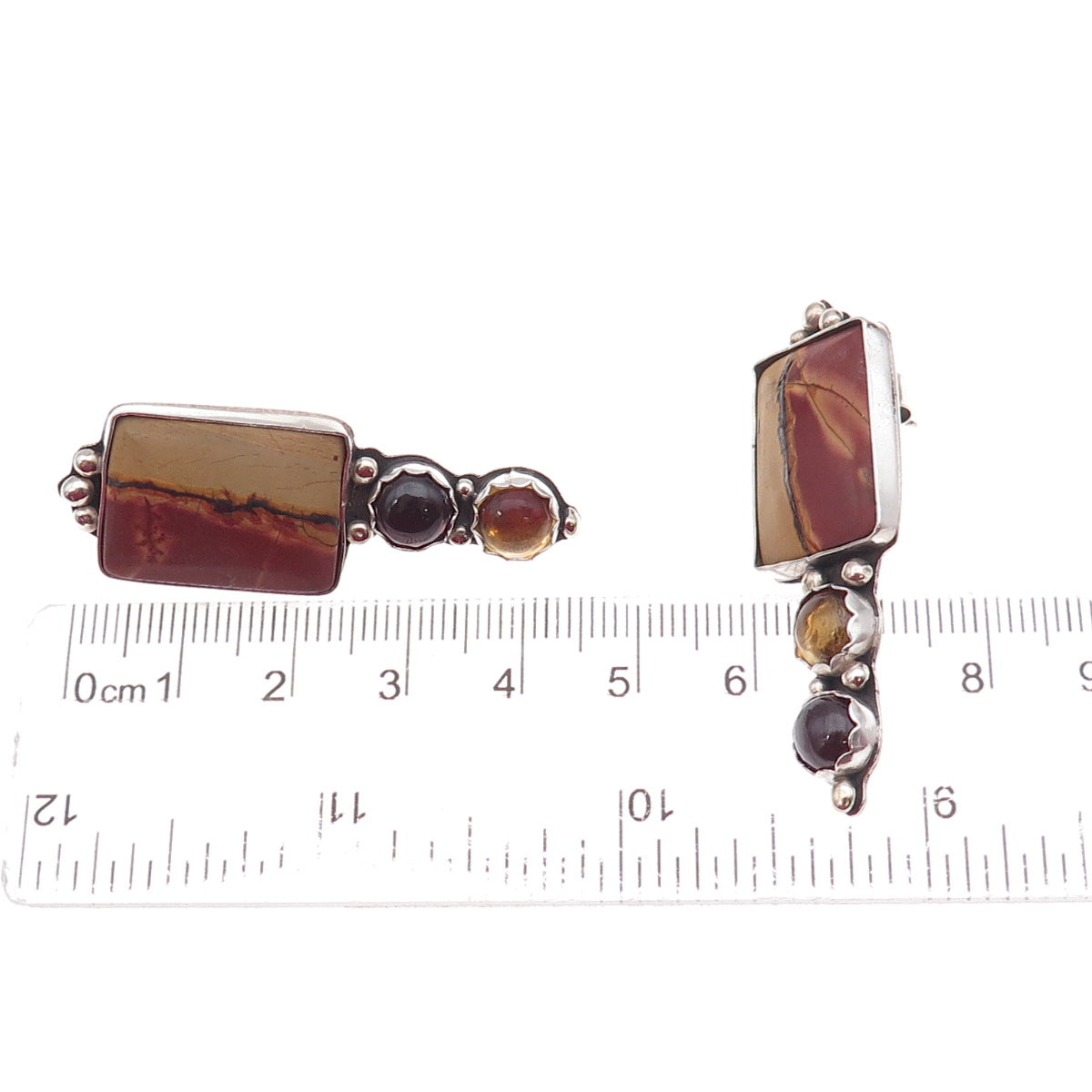 925 Sterling Silver Vintage Real Jasper Red Garnet & Citrine Modernist Earrings