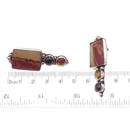 925 Sterling Silver Vintage Real Jasper Red Garnet & Citrine Modernist Earrings