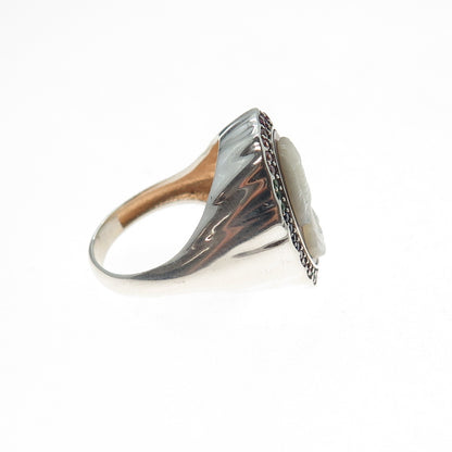 925 Sterling Vintage Real MOP Lab-Created Ruby Multi-C Z Cameo Ring Size 7.25