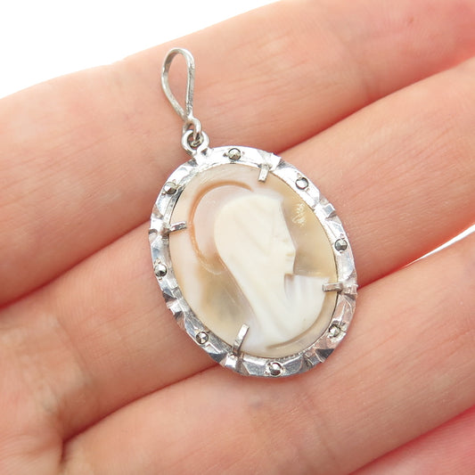 925 Sterling Silver Antique Art Deco Real MOP & Marcasite St. Mary Cameo Pendant