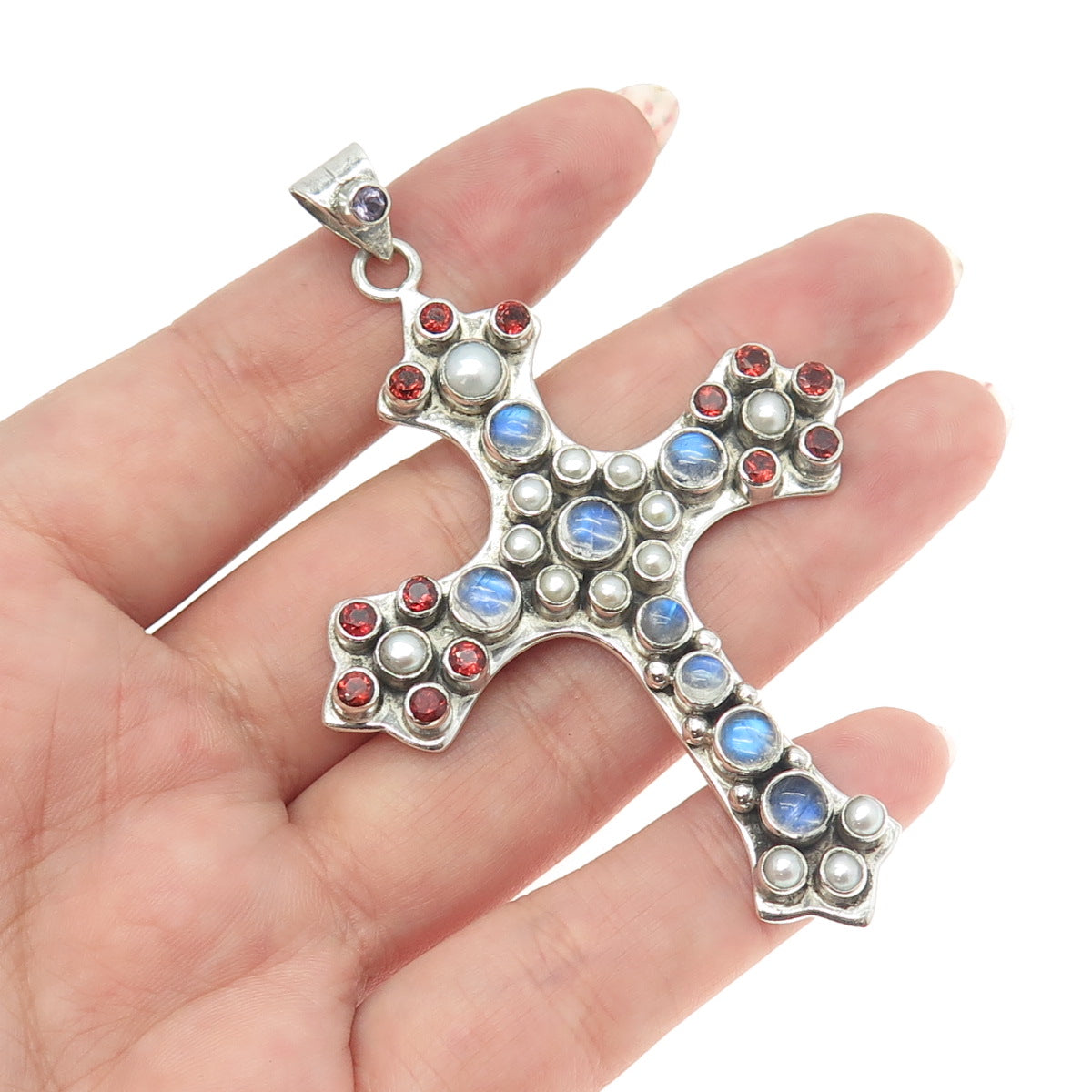 NICKY BUTLER Sterling Vintage Real Moonstone Pearl Garnet Amethyst Cross Pendant