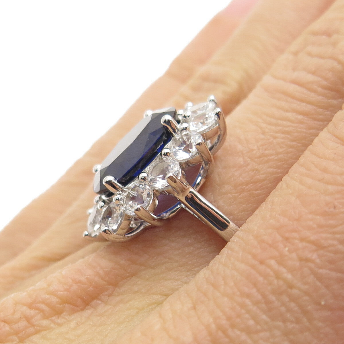 925 Sterling Silver Lab-Created Sapphire & Real White Topaz Ring Size 8.25