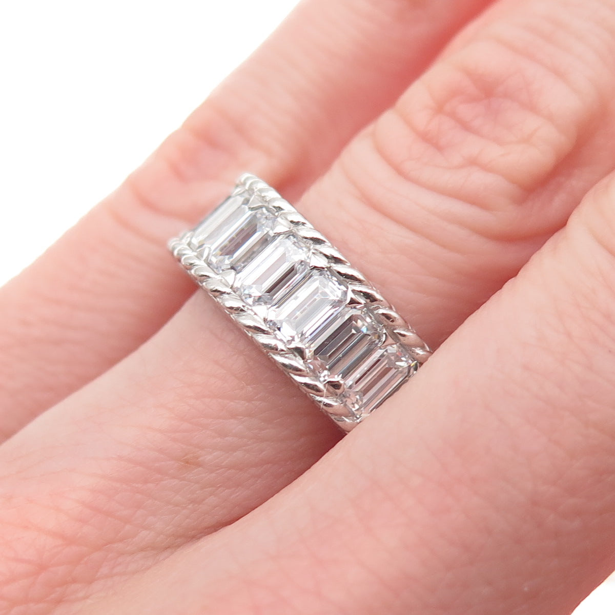 Judith Ripka 925 Sterling Silver Emerald-Cut C Z Band Ring Size 6