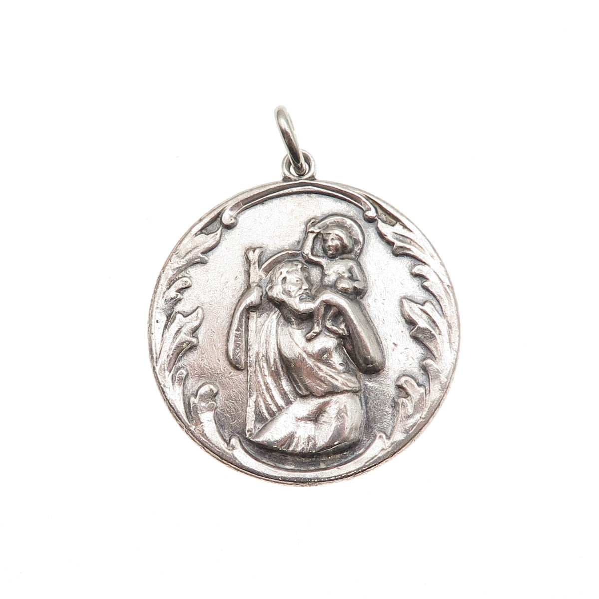 925 Sterling Silver Antique Art Deco St. Christopher Oxidized Charm Pendant